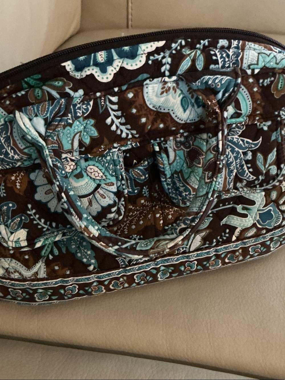 Vera Bradley Brown Teal Quilted Floral Paisley Tote Purse
